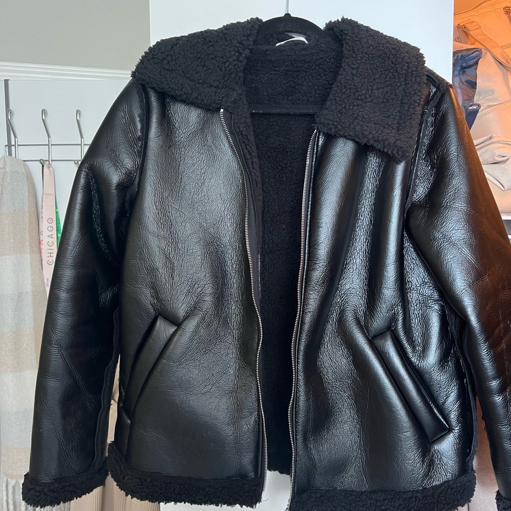 Showpo Black Leather Jacket with Shearling Lining